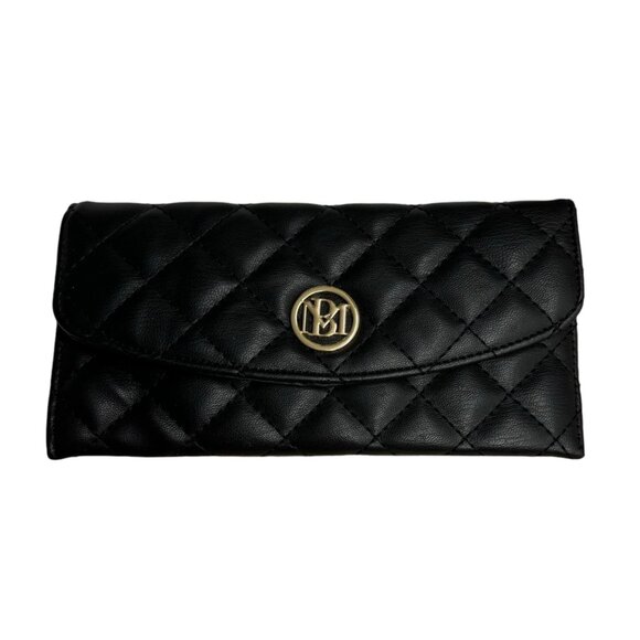 Studio Badgley Mischka Diamond Quilted Vegan Leather Clutch Long Wallet BLK - Picture 1 of 4